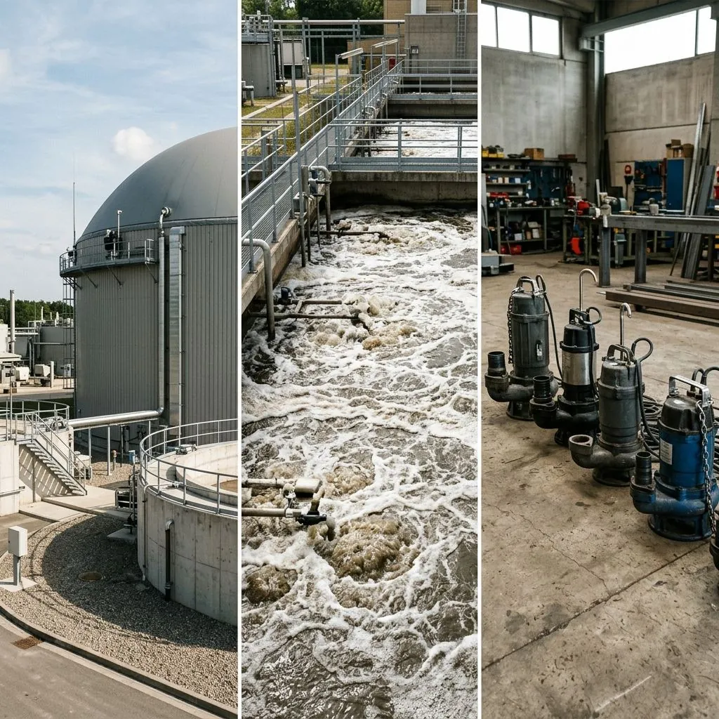 Biogas plant, aeration basin and submersible pumps