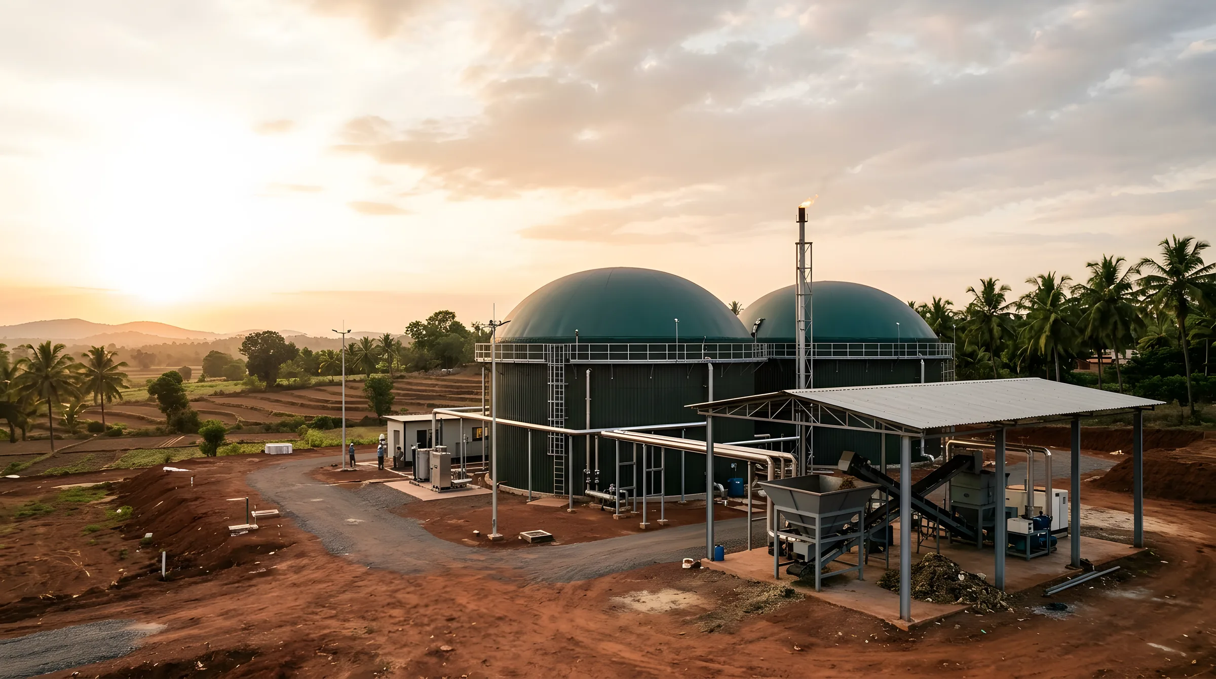 Biogas plant at sunset: two digester tanks under green gas holder domes, a flare stack and a covered pre-processing shed with its feed hopper