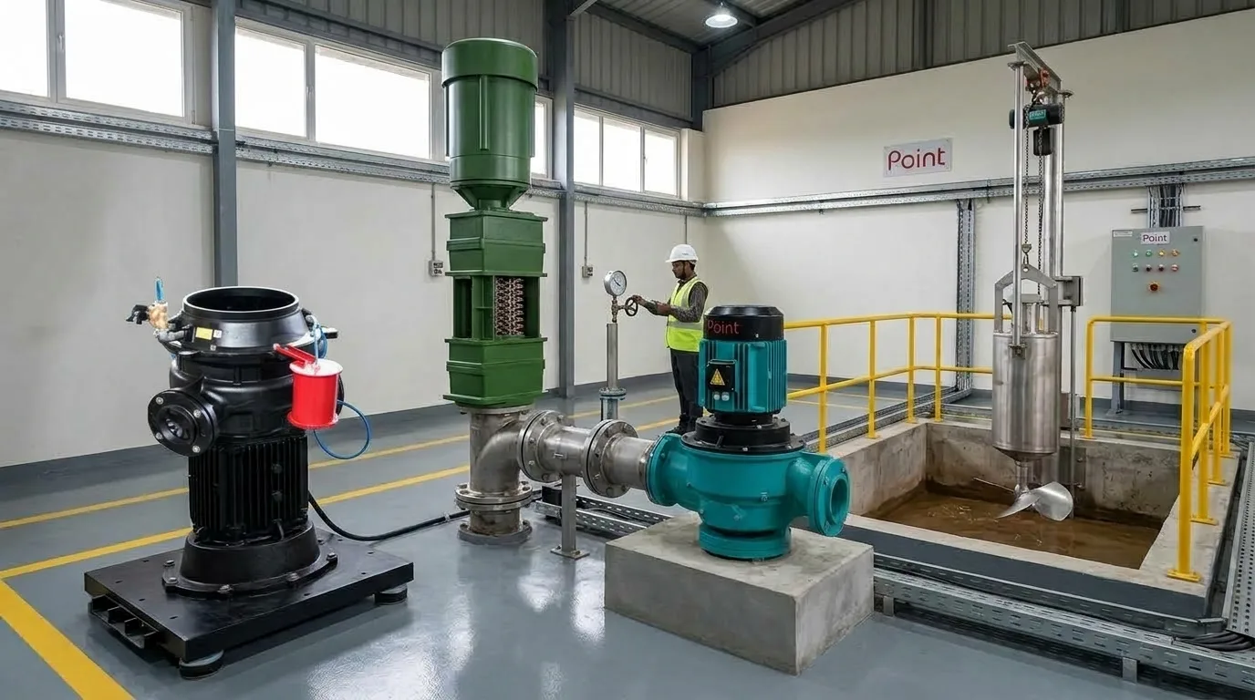 Point’s biogas pre-treatment line: a waste shredder, a twin-shaft cruncher, a macerator pump and a submersible mixer in a slurry pit