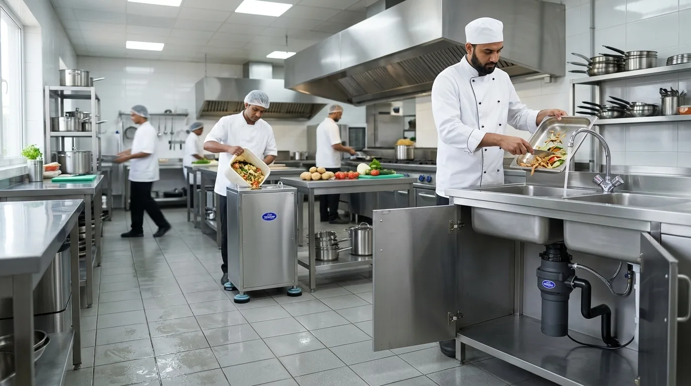 A hotel kitchen with a food waste disposer fitted under the sink and a standalone food waste crusher beside the prep tables