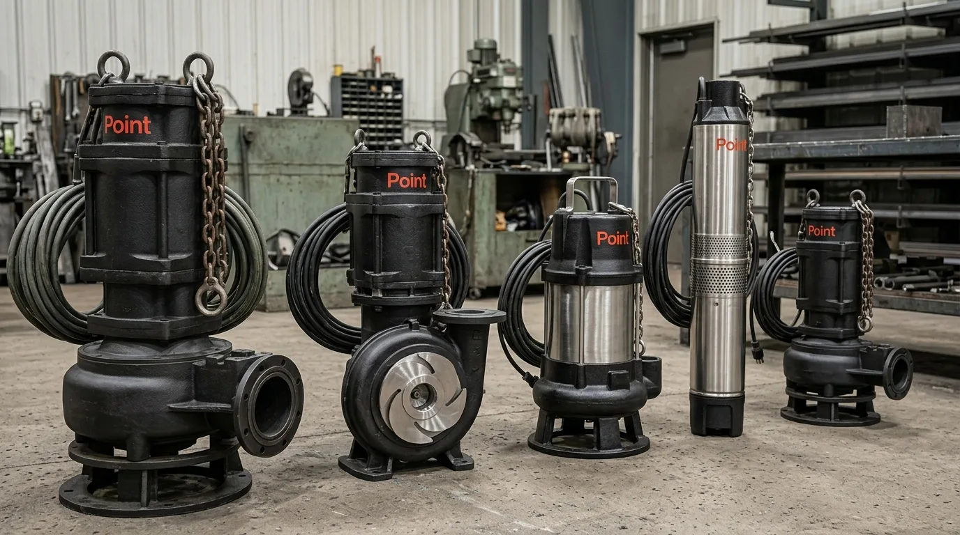 Point’s pump range on a workshop floor: sewage, chopper-grinder, drainage and open-well submersible pumps