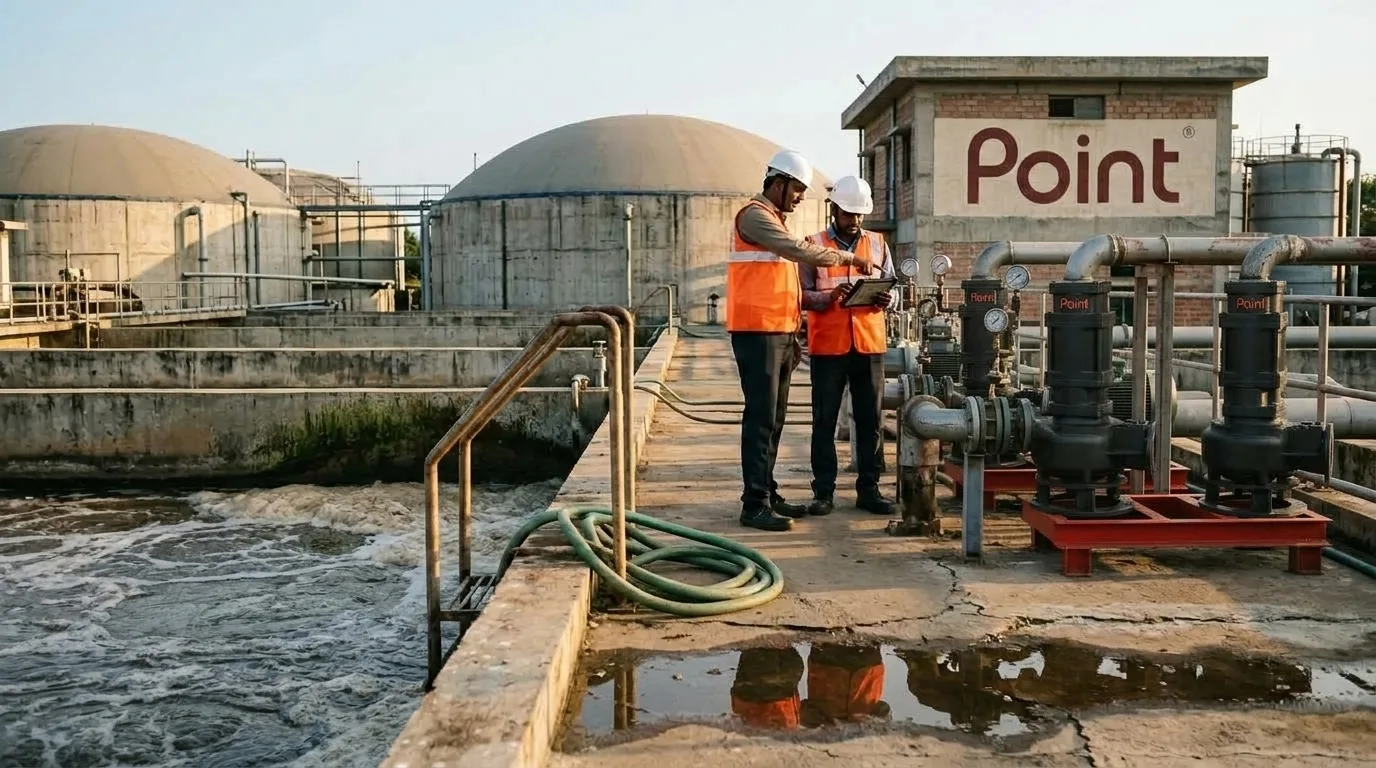 Two engineers beside an aeration basin, with a row of Point sewage pumps on a skid connected to the plant’s pipework