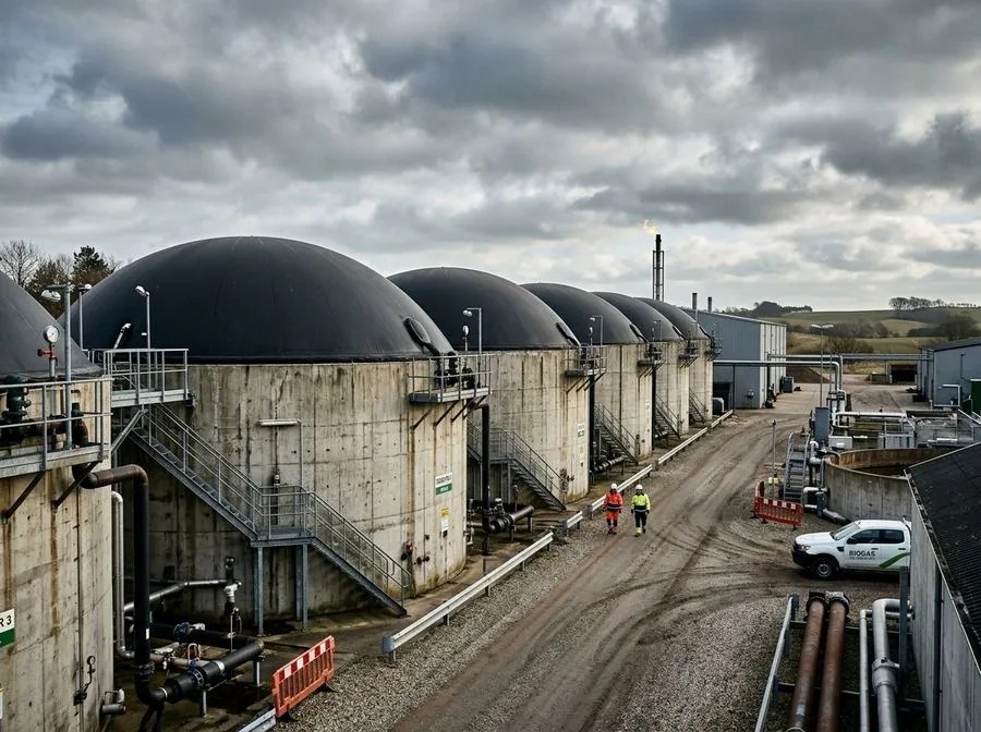 Row of anaerobic digester tanks with domed gas holders