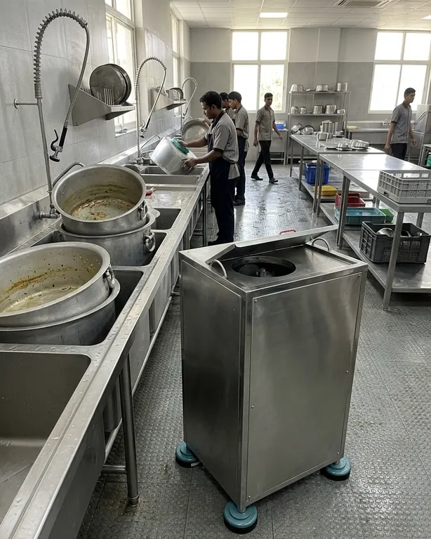 The pot wash area of a large institutional canteen, a stainless Standalone food waste crusher beside the sinks