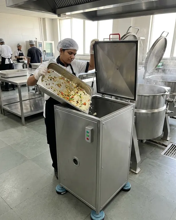 A central catering kitchen, a cook tipping a tray of leftovers into a stainless Standalone food waste crusher beside the steam kettles