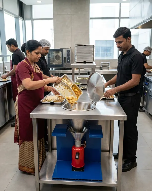 The back-of-house kitchen of a food court, staff clearing thali trays into a food waste crusher built under the steel counter