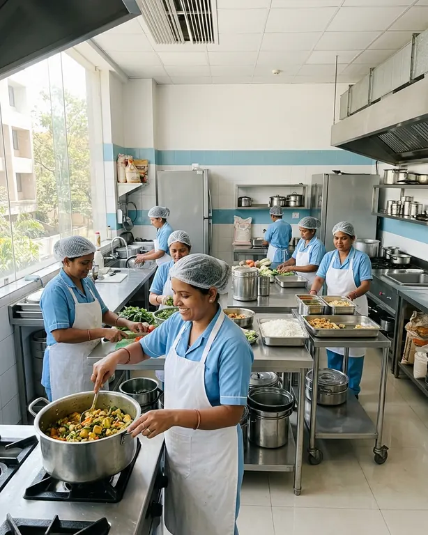 A clean hospital kitchen, staff in hairnets and aprons cooking and serving
