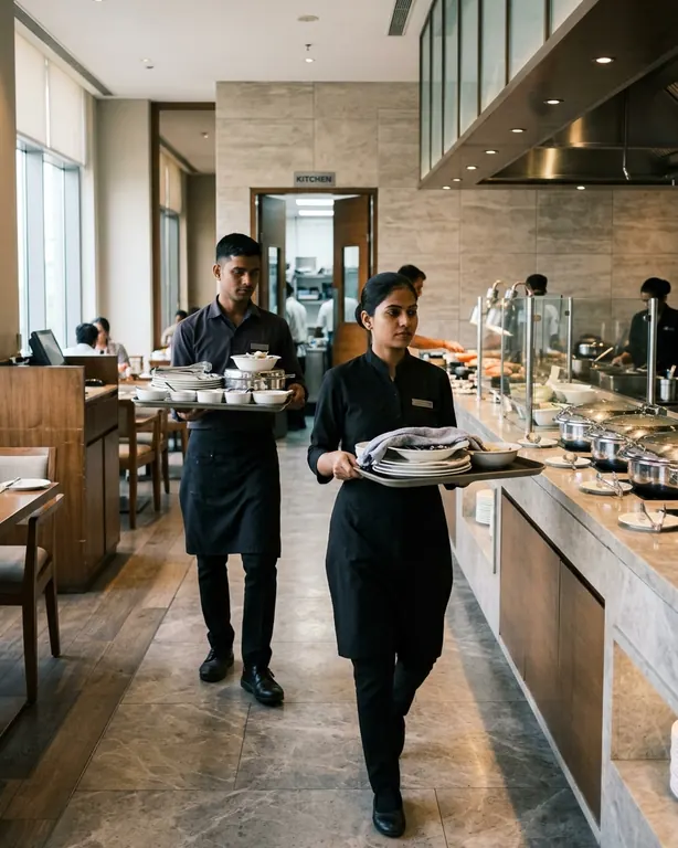 Hotel staff clearing a buffet, carrying trays of plates back to the kitchen