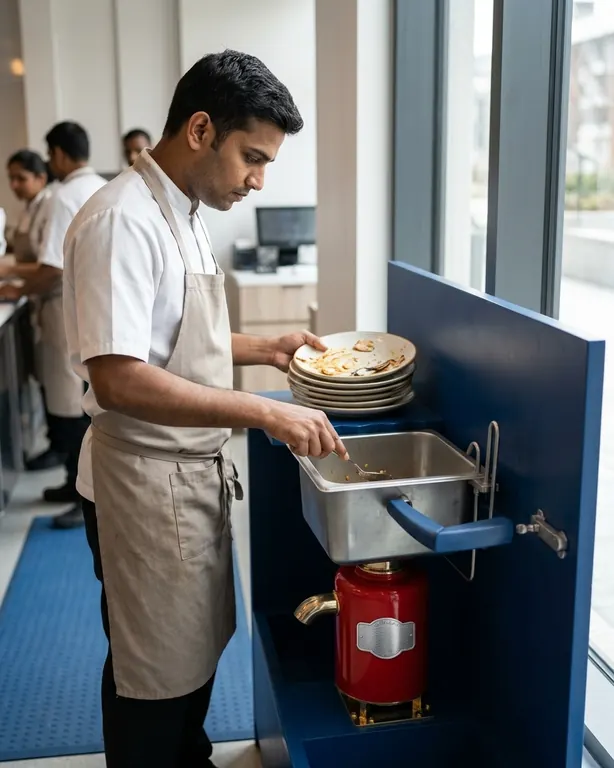 A restaurant dish station, a cook scraping plate leftovers into the steel sink of a Tabletop food waste crusher