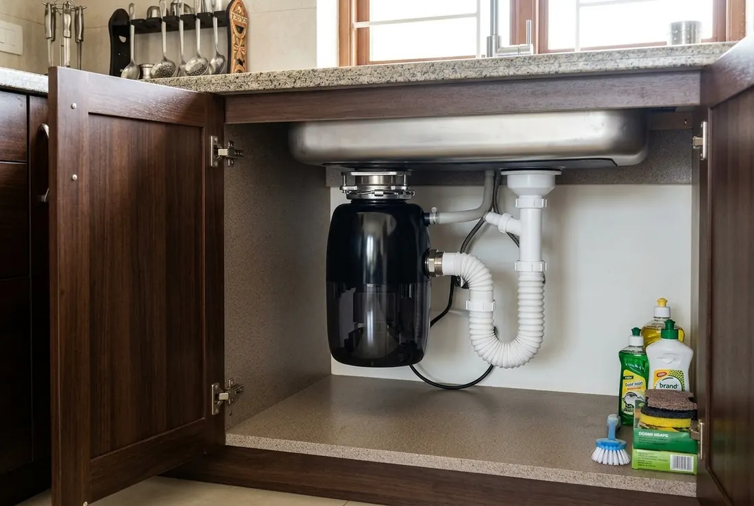 A kitchen cabinet open under the sink, a compact domestic food waste disposer fitted below the sink and joined to the drain trap