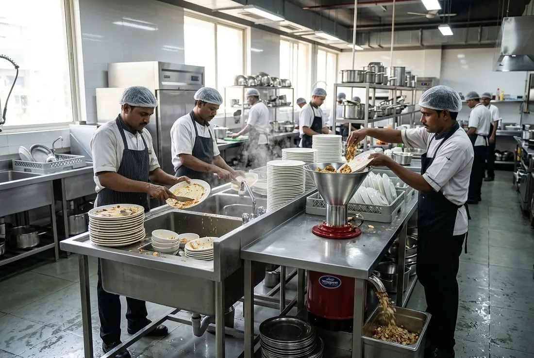 A busy commercial kitchen at service time: plates scraped at the washing line, beside a Tabletop food waste crusher set into the steel table under its cone
