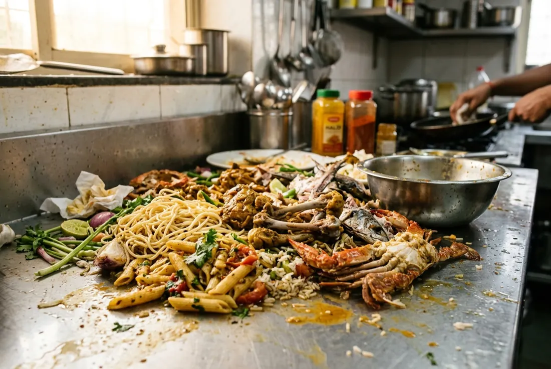 Mixed food waste on a steel counter: pasta, plate leftovers, chicken bones, fish scraps and crab shells