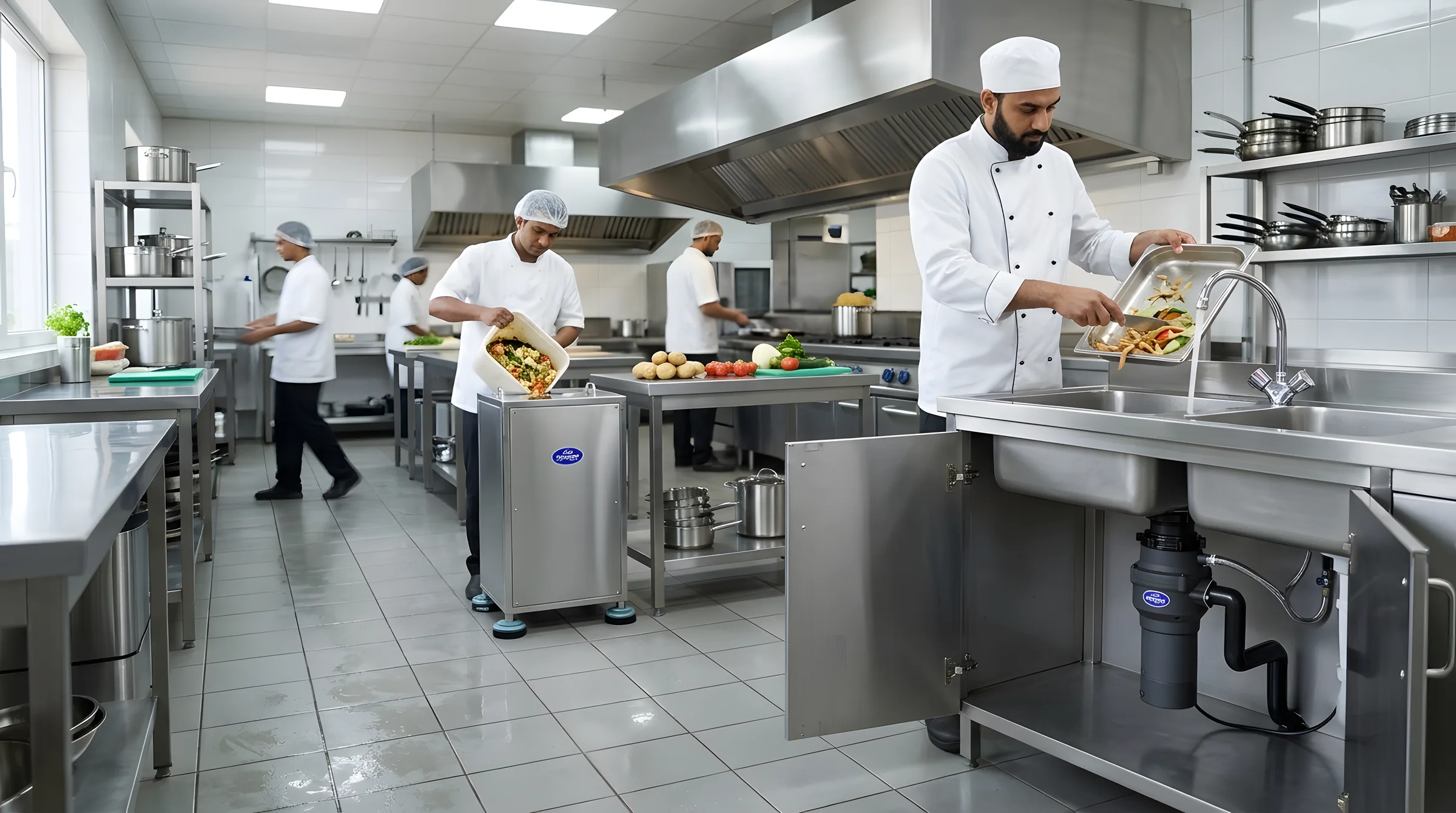 Commercial kitchen: a chef scrapes a tray of leftovers into a sink with a food waste disposer fitted underneath, while a cook tips scraps into a stainless standalone crusher cabinet behind him