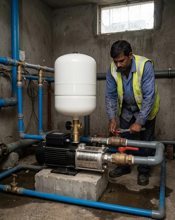 A pressure booster set — white pressure tank on a stainless multistage pump — in an apartment basement, a maintenance man tightening a valve