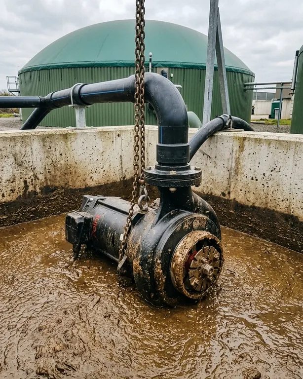 A black chopper grinder pump on its chain in a pit of brown slurry, piped to a green biogas digester dome