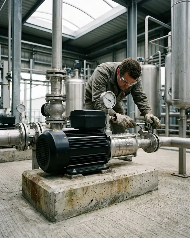 A worker in goggles reading the pressure gauge on a horizontal multistage pump bolted to a concrete plinth in a chemical plant