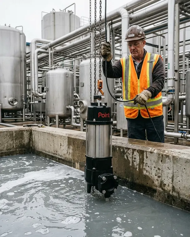 A worker lowering a Point PDS drainage pump into a food factory’s foamy effluent pit, stainless tanks behind