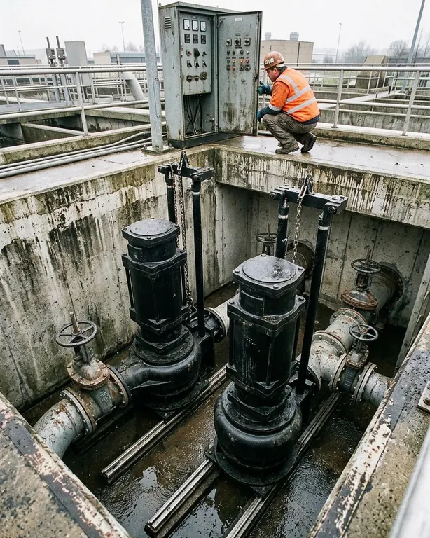 Two black submersible sewage pumps on auto-coupling guide rails in a municipal wet well, a worker at the control panel above