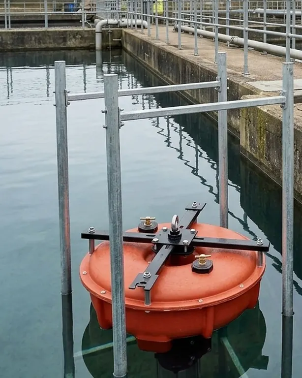 The red float of a decanting pump in its steel guide frame on the clear water of a treatment tank