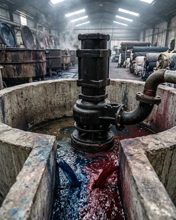 A black sewage pump in a dye house collection sump, blue and red dyed wastewater running in below it