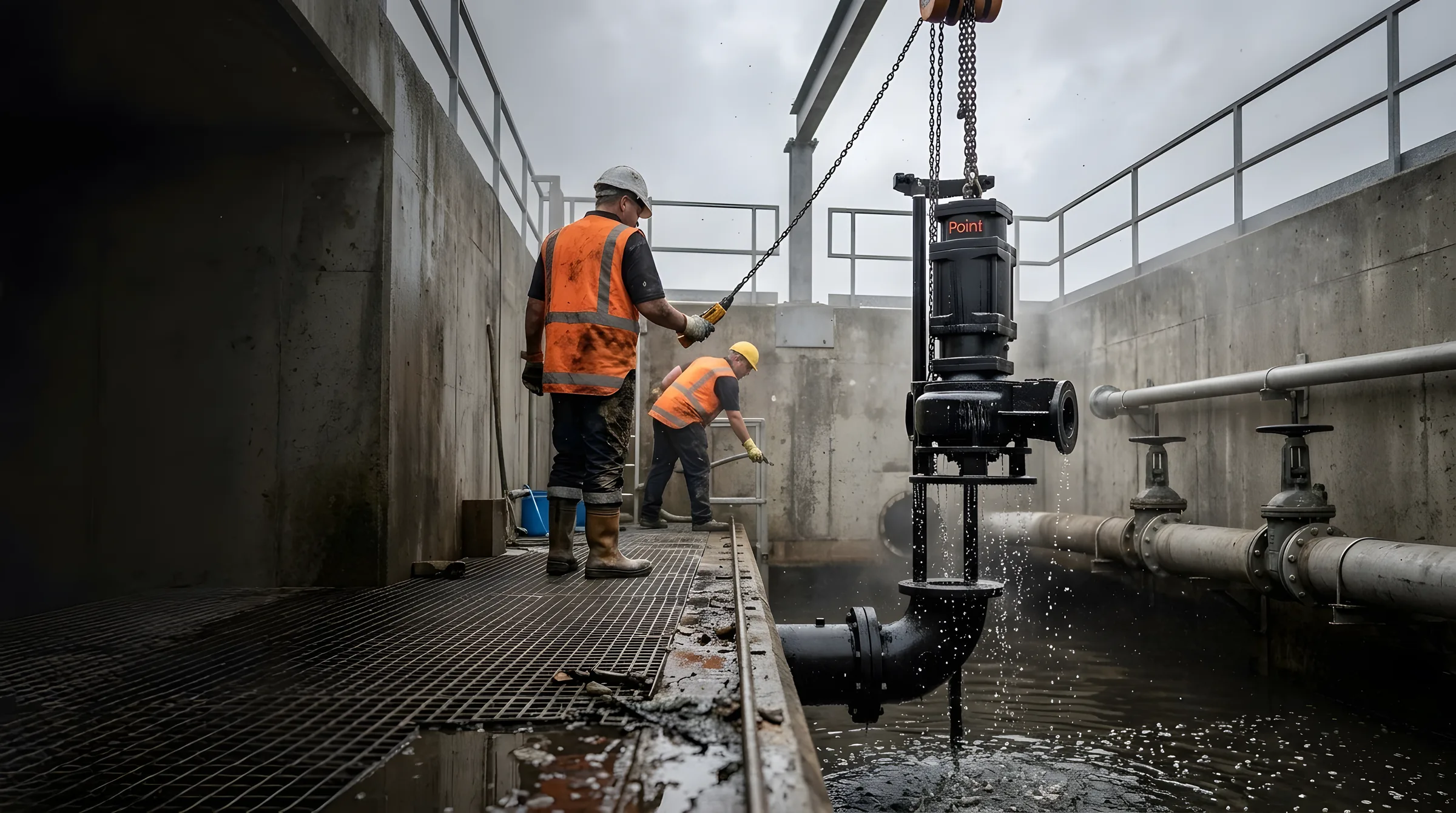 A black cast iron Point sewage pump lifted on its chain out of a concrete wet well, sliding up the auto-coupling guide rail from its bend pipe, while two workers in hi-vis vests work on the deck