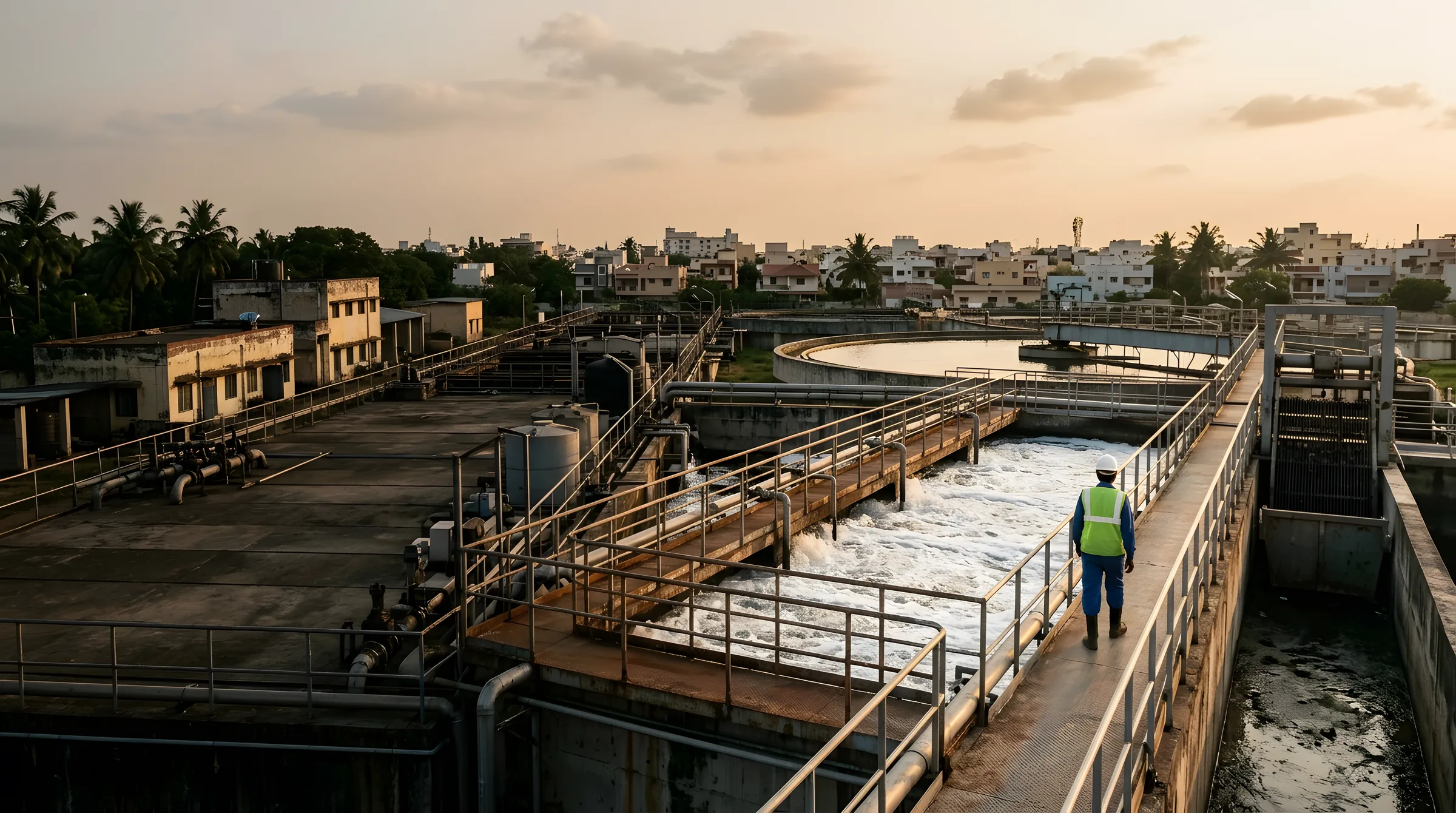 An engineer on the walkway above a sewage treatment plant’s aeration channel at dusk