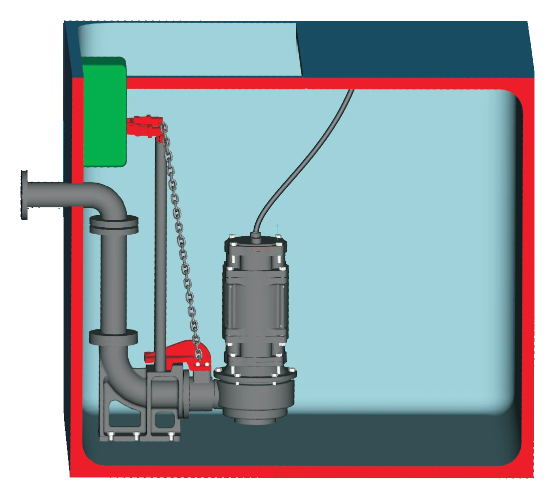 Auto-coupling in a sump: the bend pipe fixed on the floor and piped out through the wall, guide rods up to the fixing stand, and the pump hanging on its lifting chain