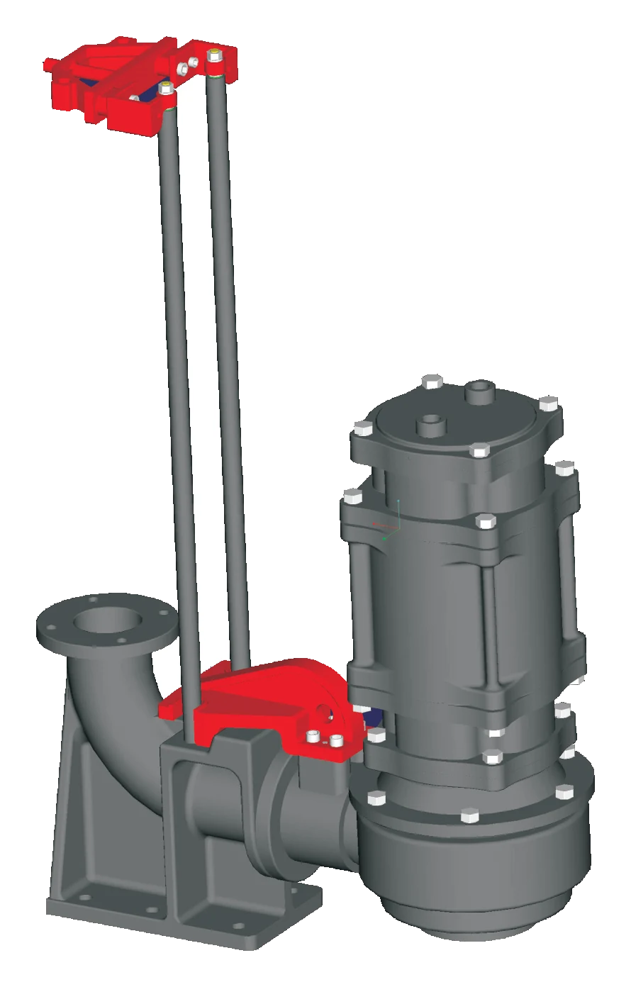 Auto-coupling with a sewage pump seated on it: the red fixing stand at the top of two guide rods, and the red locking arrangement on the pump’s discharge wedged onto the cast iron bend pipe