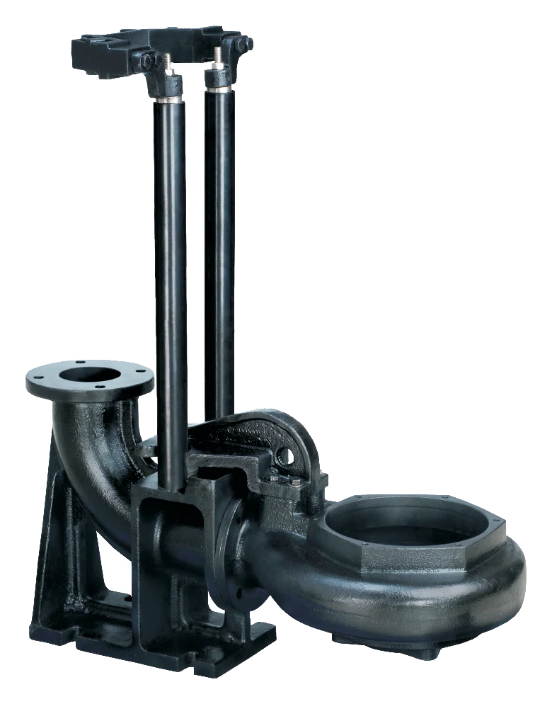 Point auto-coupling system in black cast iron: the bend pipe on its foot, two guide rods rising to the fixing stand, and the coupling flange that meets the pump