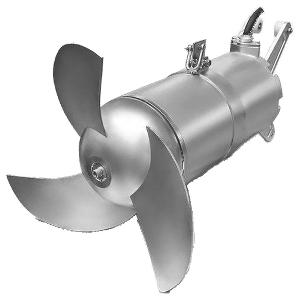 Submersible mixer with three-blade self-cleaning propeller and stainless steel motor housing