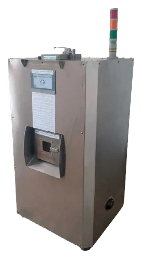 Compact upright stainless steel composter with a single loading door and a signal light
