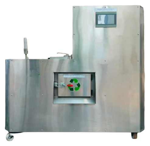 Mid-size stainless steel composter on wheels with one loading door and a control screen