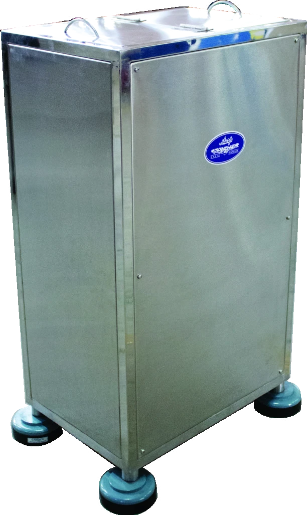 Standalone stainless steel food waste crusher cabinet on levelling feet