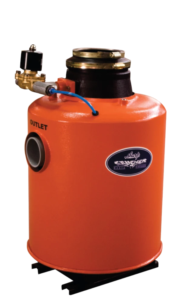Food waste crusher unit with outlet flange and solenoid flush valve
