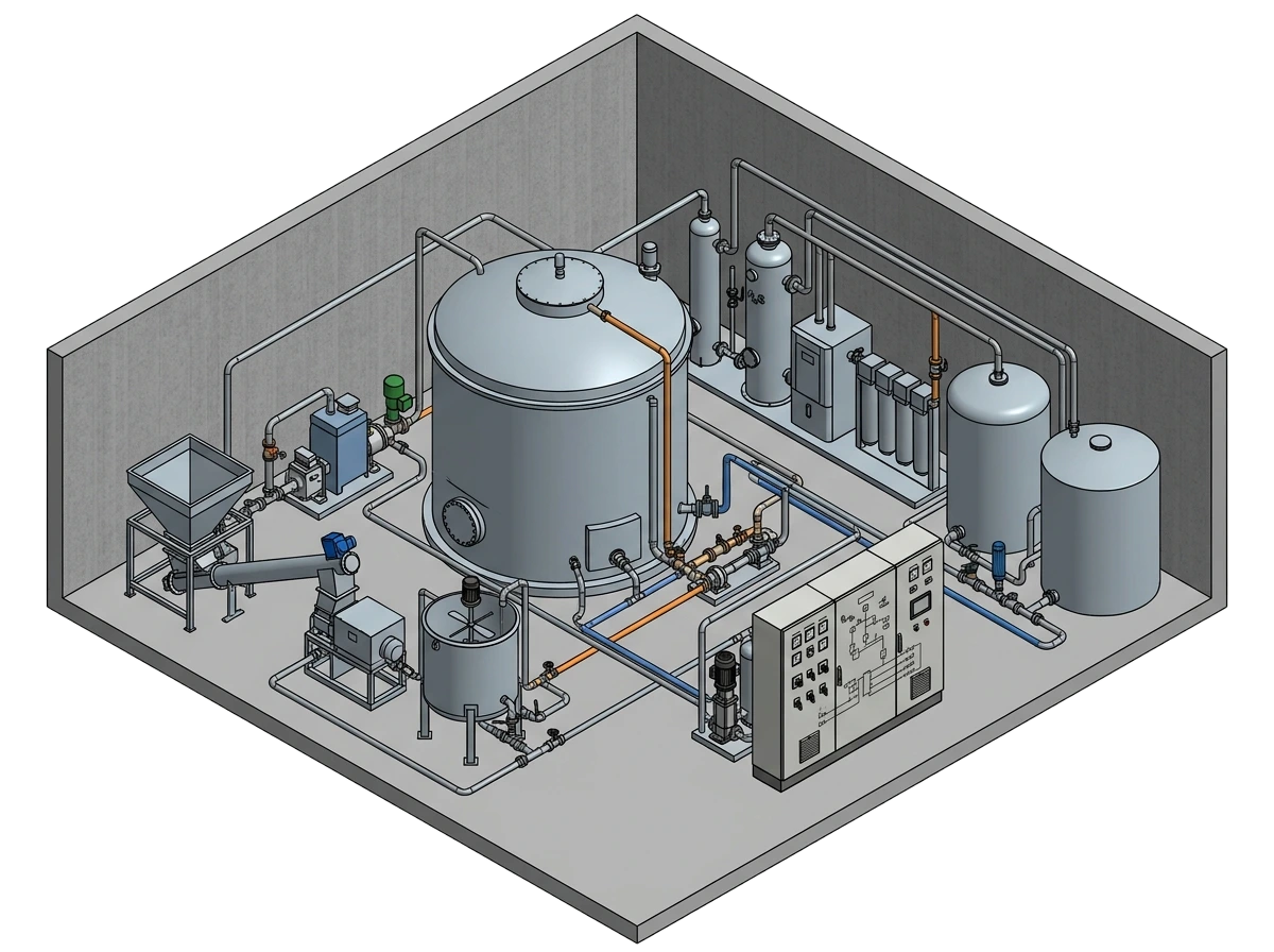 Isometric layout of a custom-engineered biogas plant showing pre-processing, digester tank, gas purification and control panel integrated in one system