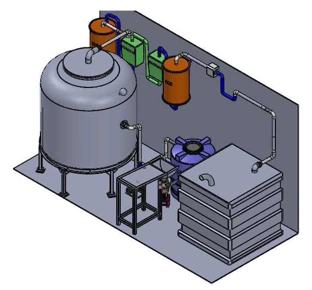 Digester tank, gas scrubber and blower inside a packaged biogas plant