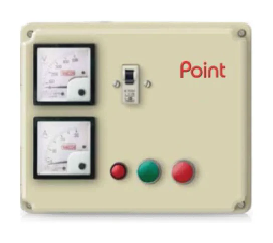 Point decanting pump control panel with voltmeter, ammeter, a switch and start, stop and indicator buttons