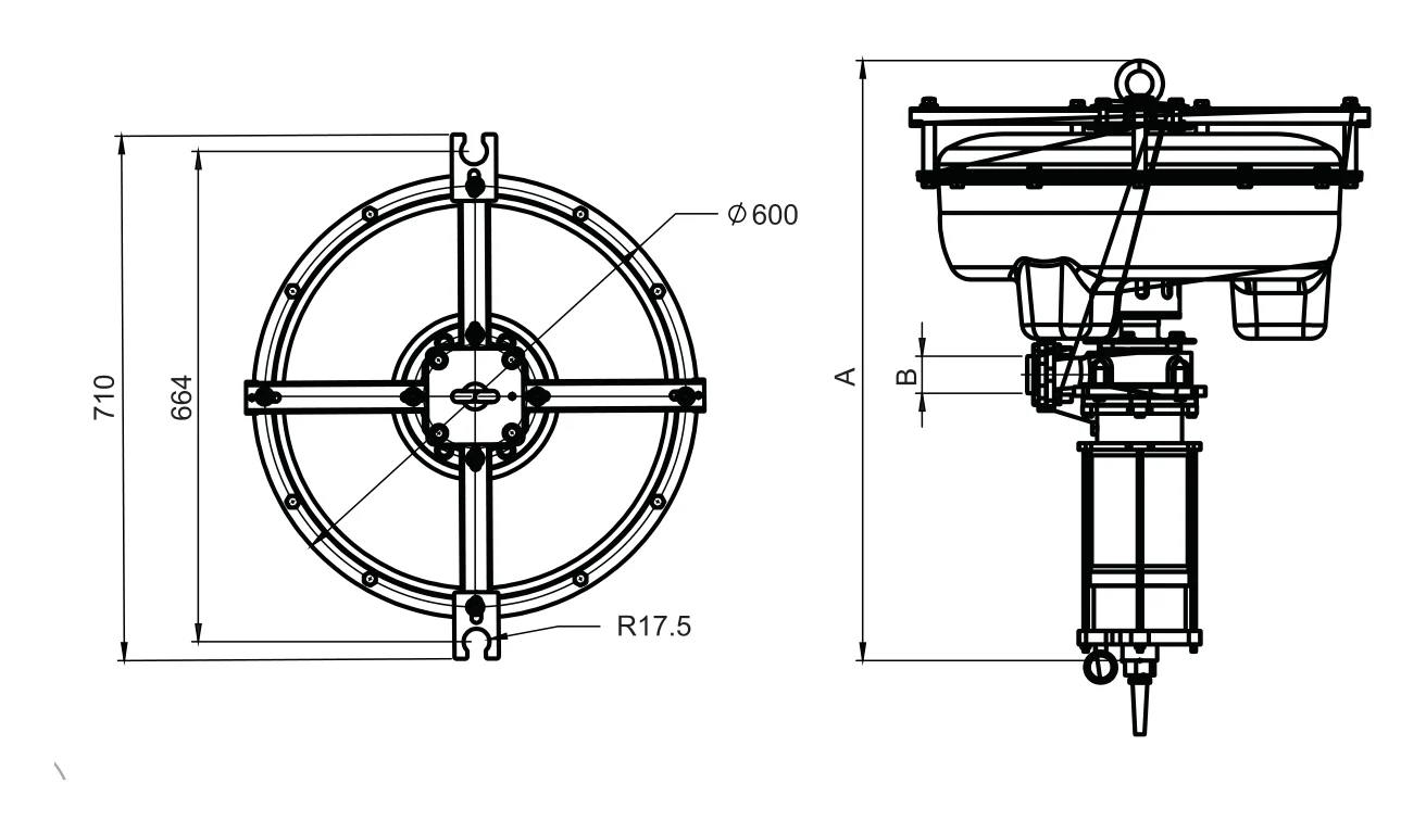 Decanting pump dimension drawing: the Ø 600 mm float in a 710 mm frame from above, and from the side with overall height A and pipe size B