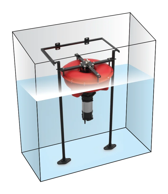 The decanting pump in a tank: its red float on the water inside a steel guide frame whose legs stand on the tank floor, the pump hanging below the float