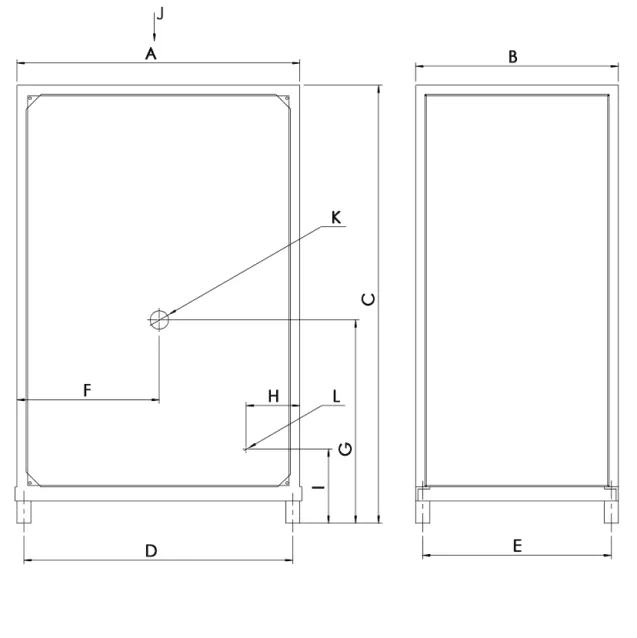 Standalone crusher cabinet dimension drawing — front and side views marked A to L