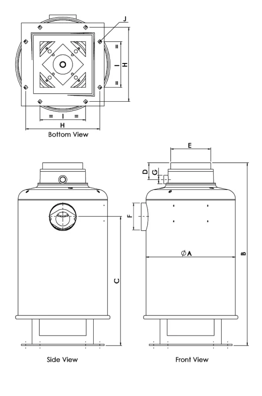Tabletop crusher dimension drawing — bottom, side and front views marked A to J