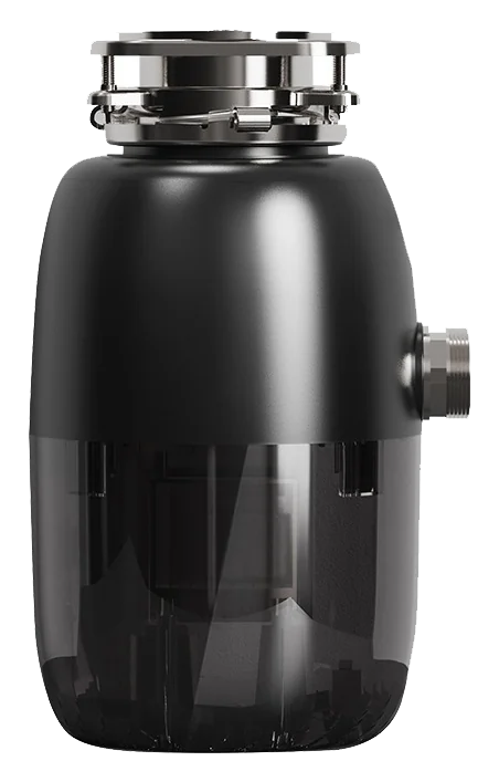 CD 1000 domestic food waste disposer, black body with stainless sink mount and side outlet