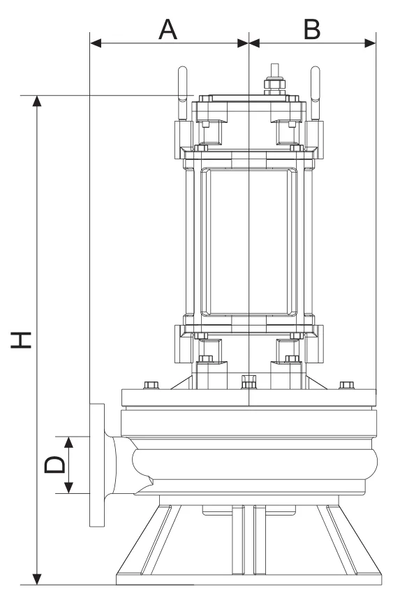 PA Series dimension drawing — widths A and B, discharge D and height H