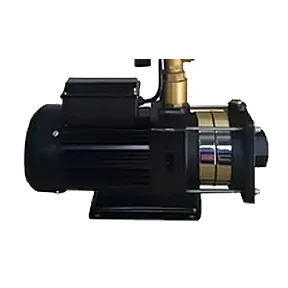 The PH horizontal multistage pump under the tank, with its black motor and stainless stages