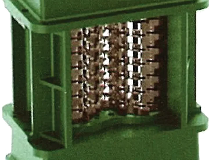 Twin rows of intermeshing cutters in the ductile iron housing