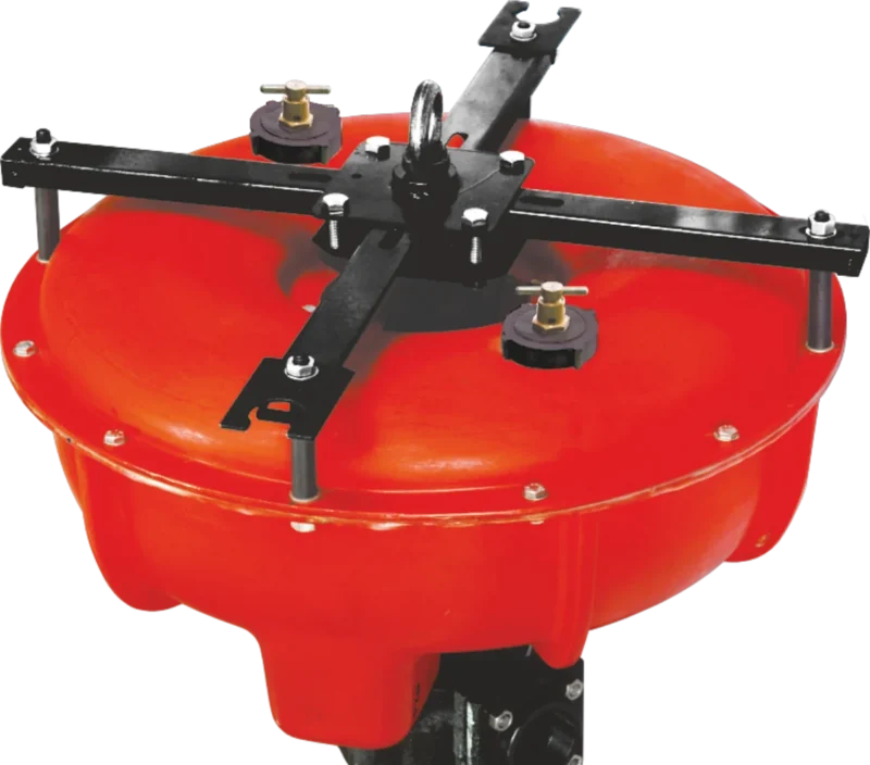 Red fibre-reinforced plastic float with black steel cross-arms and a lifting eye on top