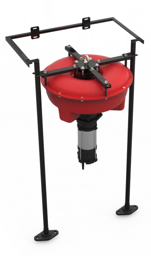 Decanting pump hanging in its steel guide frame, with legs down to the tank floor