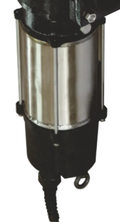 Stainless steel submersible motor hanging below the float
