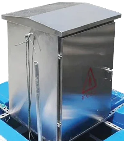 Stainless steel cabinet with a sloped roof and a locking door