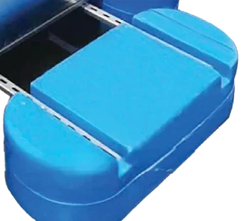 Blue moulded plastic float at one corner of the frame